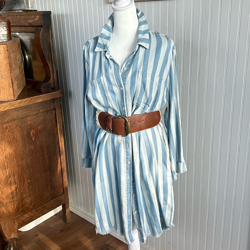 Blue and White Striped Knee-Length Shirt Dress